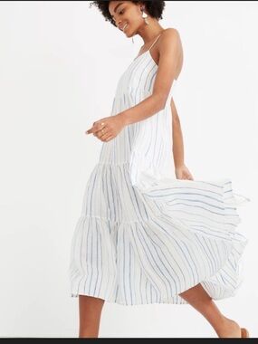 Madewell White Midi Dress with Light Blue Stripes